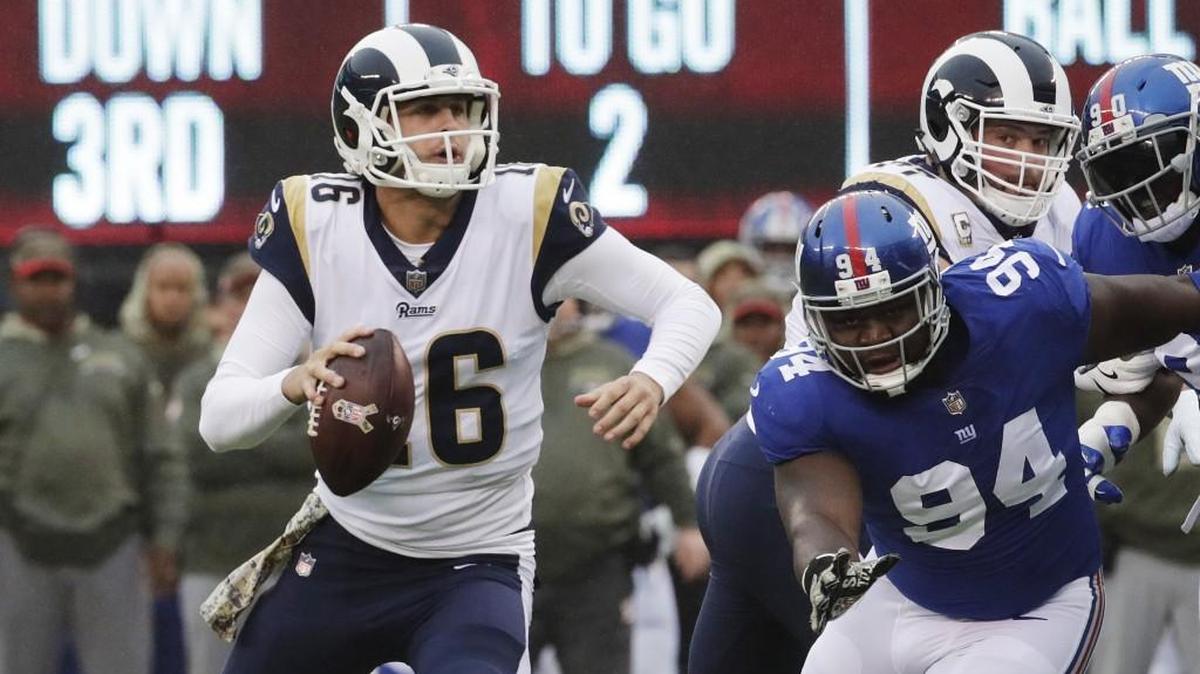 Los Angeles Rams quarterback Jared Goff moves away from the New York Giants pass rush last month. The Seahawks sacked Goff just twice in their first meeting – and won – but will need to bring more pressure on Sunday now that the defense is hampered by injuries.
