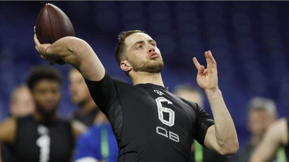 Quarterback Anthony Gordon from Washington State throws at the NFL scouting combine inside Lucas Oil Stadium in Indianapolis Thursday.