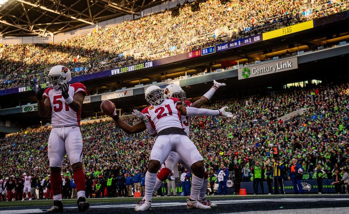 Cardinals corner back Patrick Peterson celebrates a fumble return for a touchdown that was called back for defensive holding. The Seattle Seahawks played the Arizona Cardinals in a NFL football game at CenturyLink Field in Seattle, Wash., on Sunday, Dec. 30, 2018.