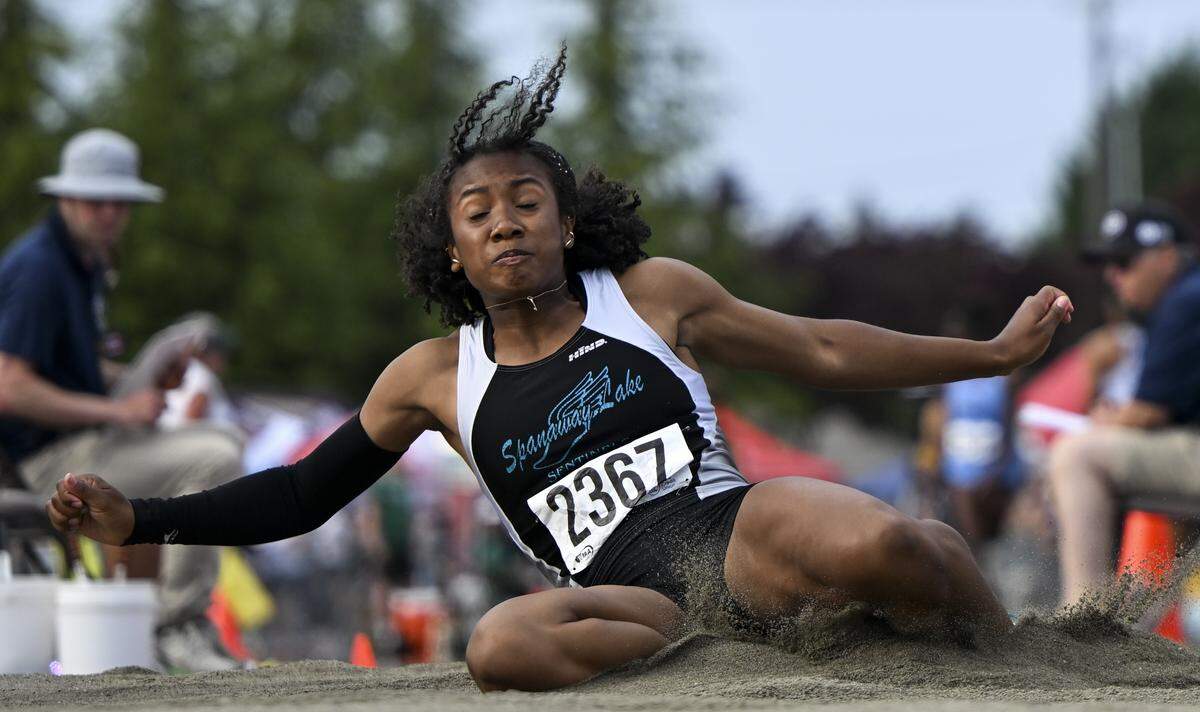 Spanaway Lake’s Kayla Williams competes in the girls 4A triple jump during day one of the Track and Field Championship at Mount Tahoma High School, on Thursday, May 28, 2026, in Tacoma, Wash.