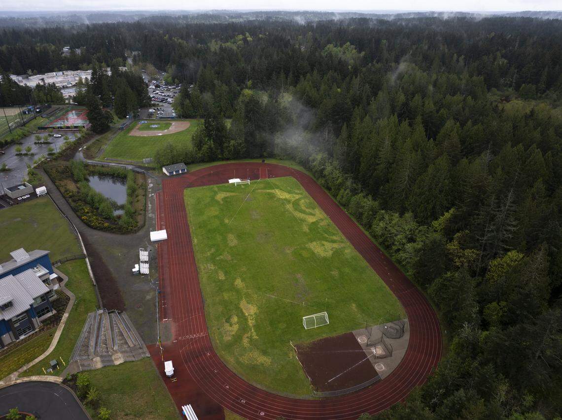 The football field at Gig Harbor High School will soon be converted to turf, on Wednesday, April 22, 2026, in Gig Harbor, Wash.