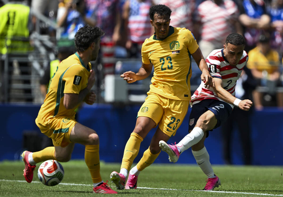 United States of America defender Sergiño Dest (2) gets a shot on goal against Australia during the first half of FIFA World Cup 2026 Group D match at Seattle Stadium in Seattle., on Friday, June 19, 2026, in Seattle.