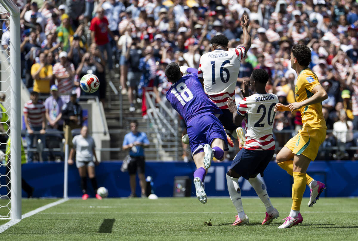 United States of America defender Alex Freeman (16) scores a goal against Australia during the first half of FIFA World Cup 2026 Group D match at Seattle Stadium in Seattle., on Friday, June 19, 2026, in Seattle.