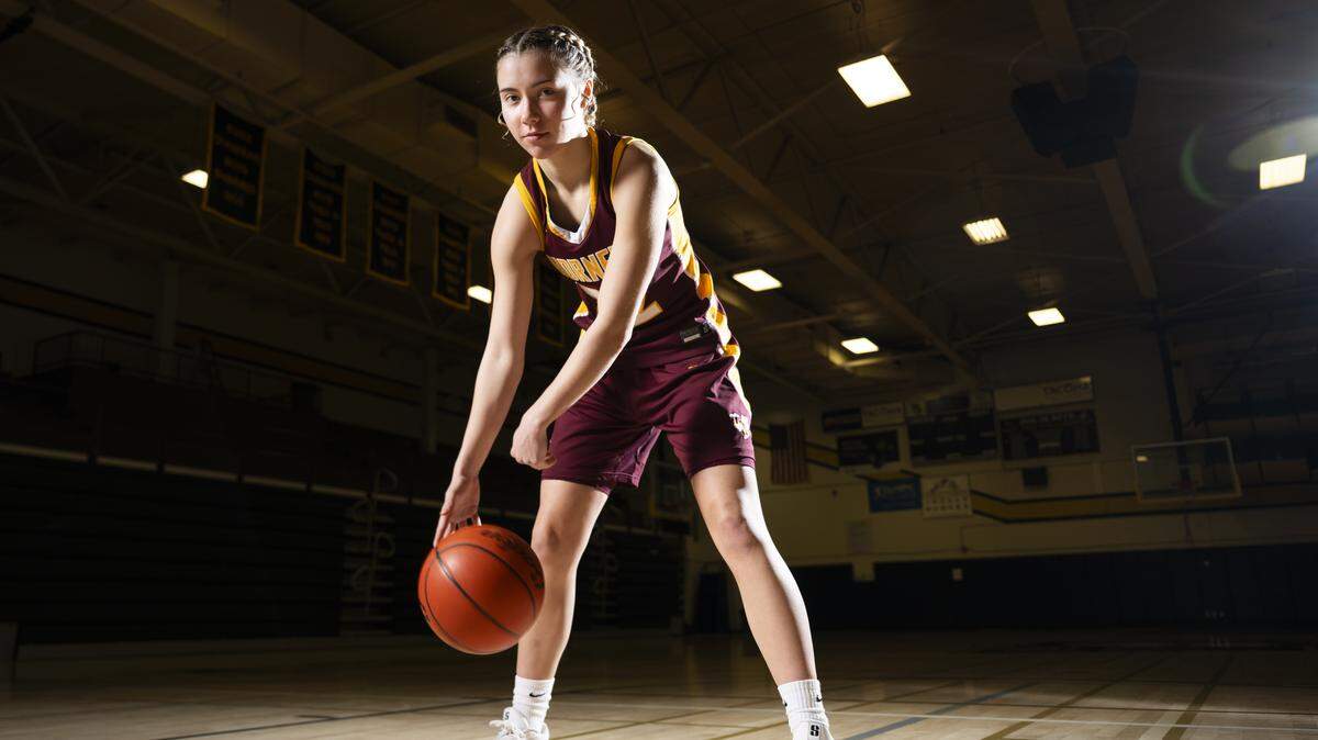The News Tribune’s 2026 All-Area girls basketball first team athlete White River junior Maggee Schmitz poses for a portrait at Lincoln High School on Saturday, March 14, 2026, in Tacoma, Wash.