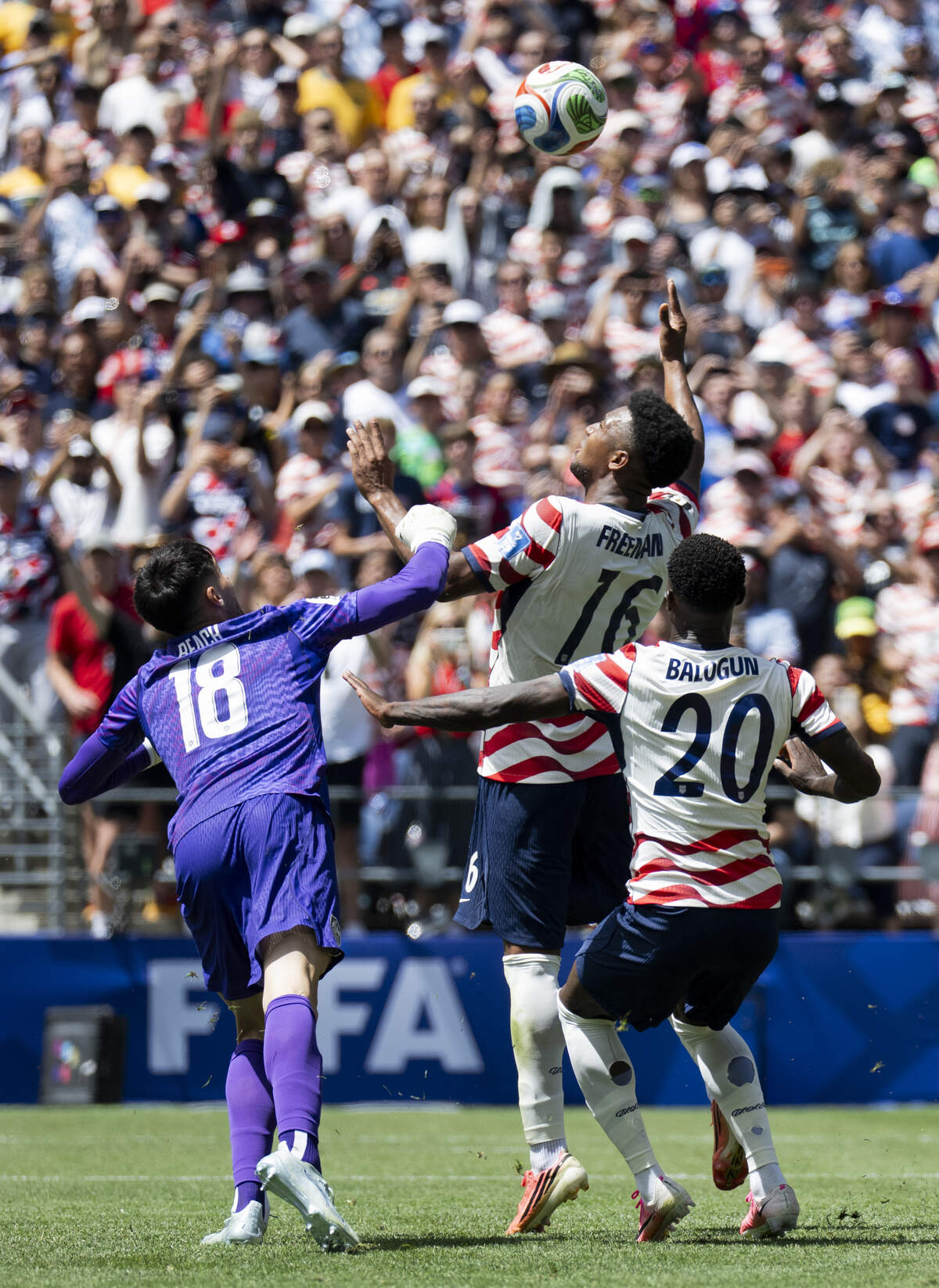 United States of America defender Alex Freeman (16) scores a goal against Australia during the first half of FIFA World Cup 2026 Group D match at Seattle Stadium in Seattle., on Friday, June 19, 2026, in Seattle.