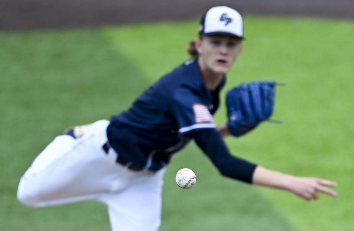 Gonzaga Prep's Dylan Croall (1) pitches against Richland during the 4A State Semifinal game at Funko Field, on Friday, May 29, 2026, in Everett, Wash.