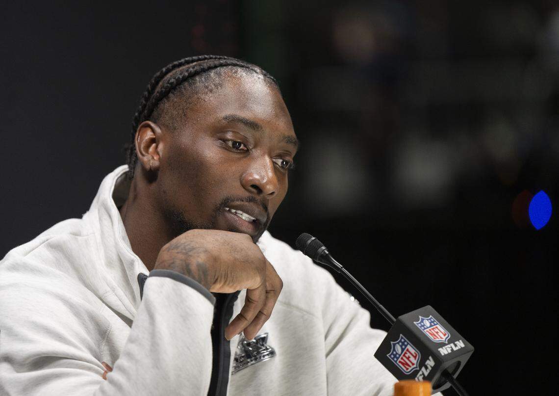 Seattle Seahawks defensive end DeMarcus Lawrence (0) speaks to the media during the Super Bowl Opening Night Ceremony, at San Jose Convention Center on Monday, Feb. 2, 2026, in San Jose, Calif.