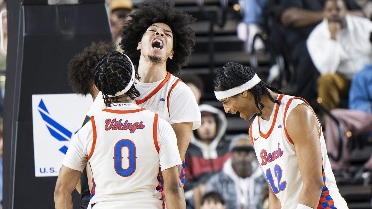 Rainier Beach wing Tyran Stokes (4) reacts to an and one against Lincoln during the Boys 3A State Tournament Championship at the Tacoma Dome, on Saturday, March 7, 2026, in Tacoma, Wash.