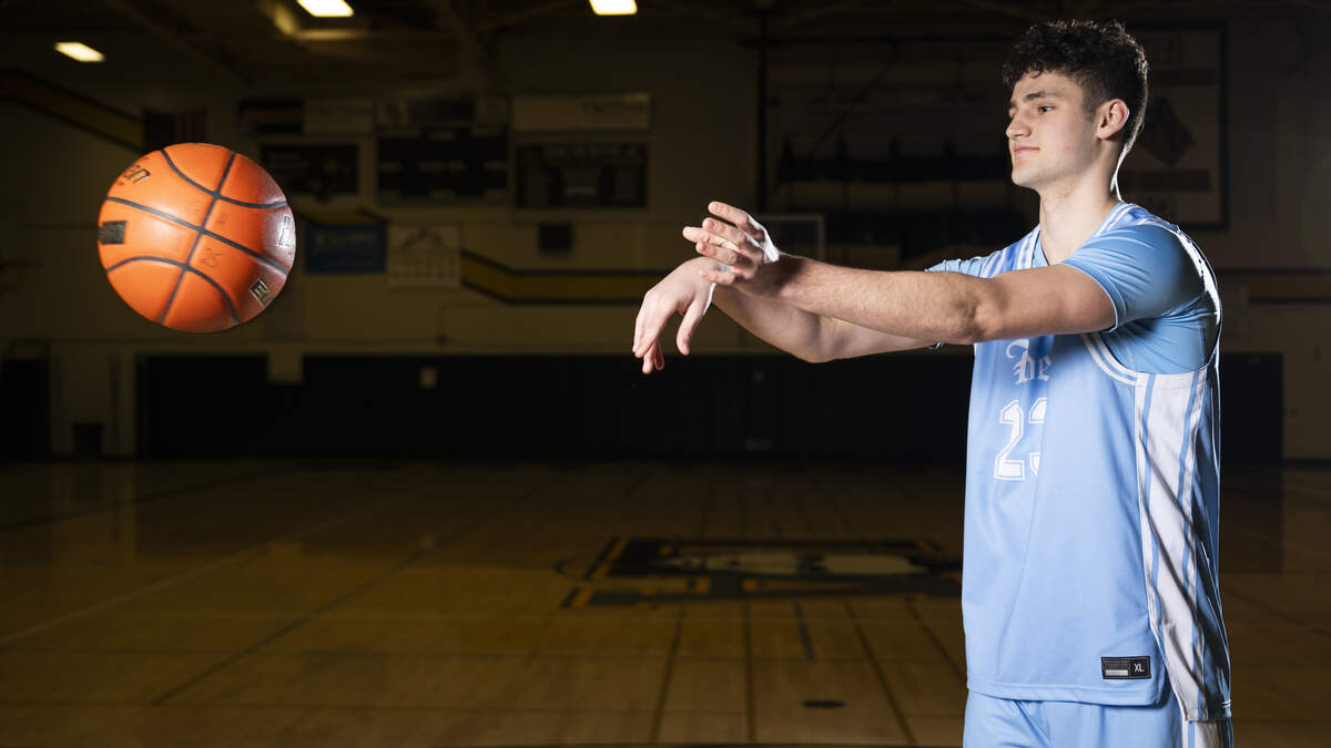 The News Tribune’s 2026 All-Area boys basketball first team athlete Gig Harbor senior Michael Masini poses for a portrait at Lincoln High School on Saturday, March 14, 2026, in Tacoma, Wash.