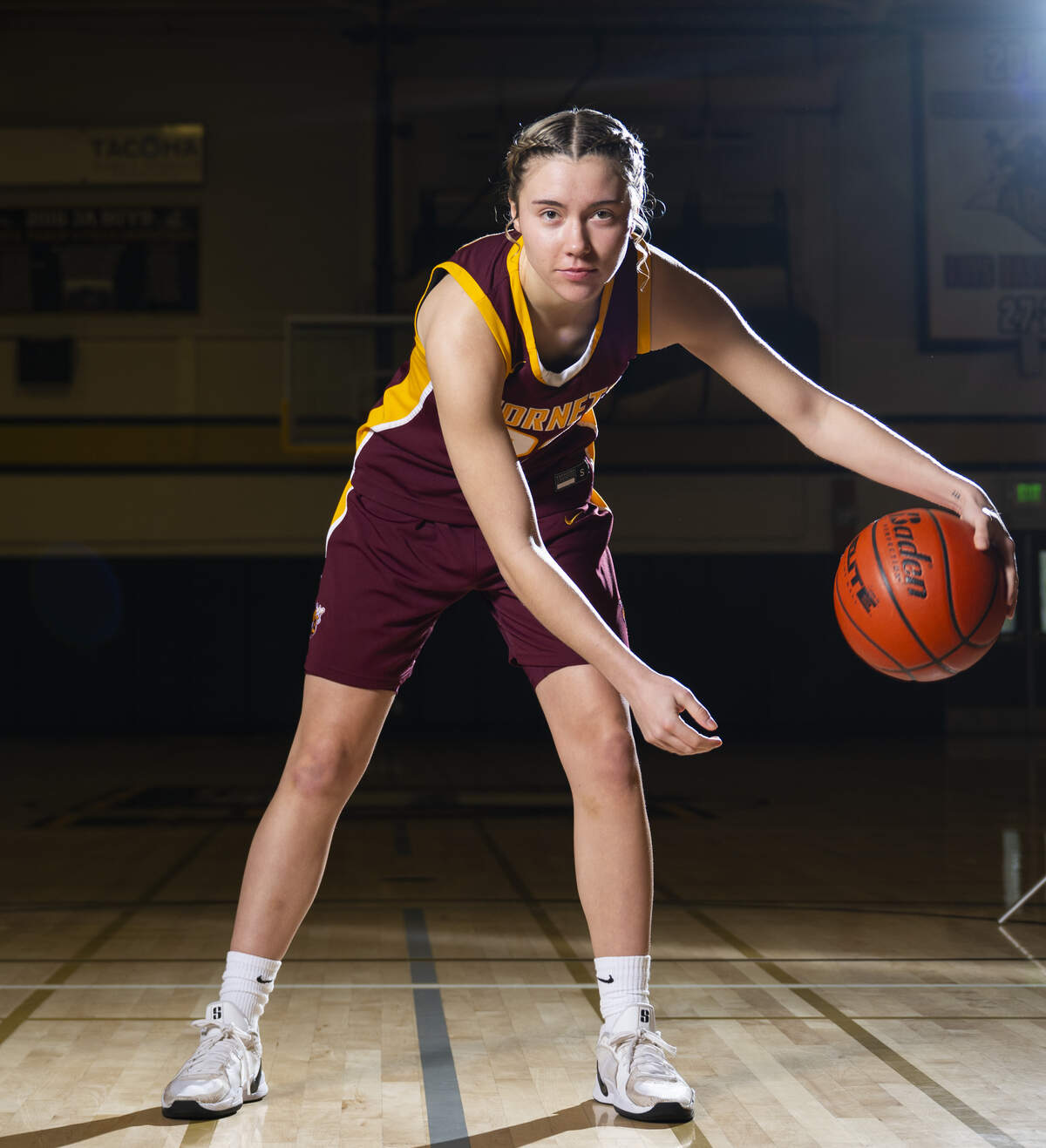 The News Tribune’s 2026 All-Area girls basketball first team athlete White River Junior Magee Schmitz poses for a portrait at Lincoln High School on Saturday, March 14, 2026, in Tacoma, Wash.