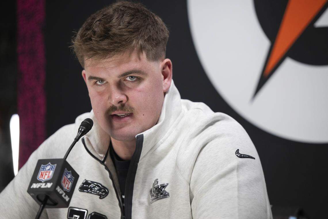 Seattle Seahawks guard Grey Zabel (76) speaks to the media during the Super Bowl Opening Night Ceremony, at San Jose Convention Center on Monday, Feb. 2, 2026, in San Jose, Calif.
