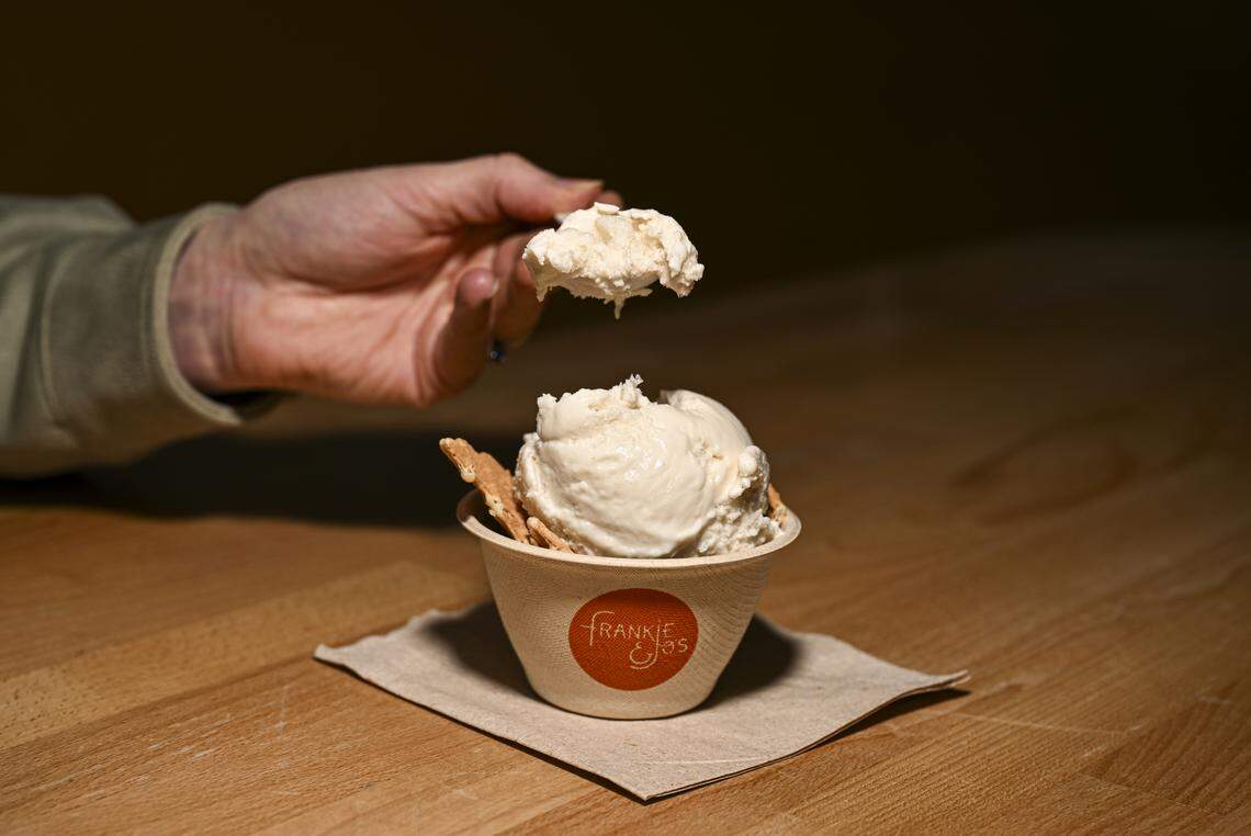 The Howdy Bagel Cream Cheese ice cream on a crunchy bed of everything-bagel cone pieces is only available at Frankie & Jo’s permanent pop-up shop at 5421 South Tacoma Way.