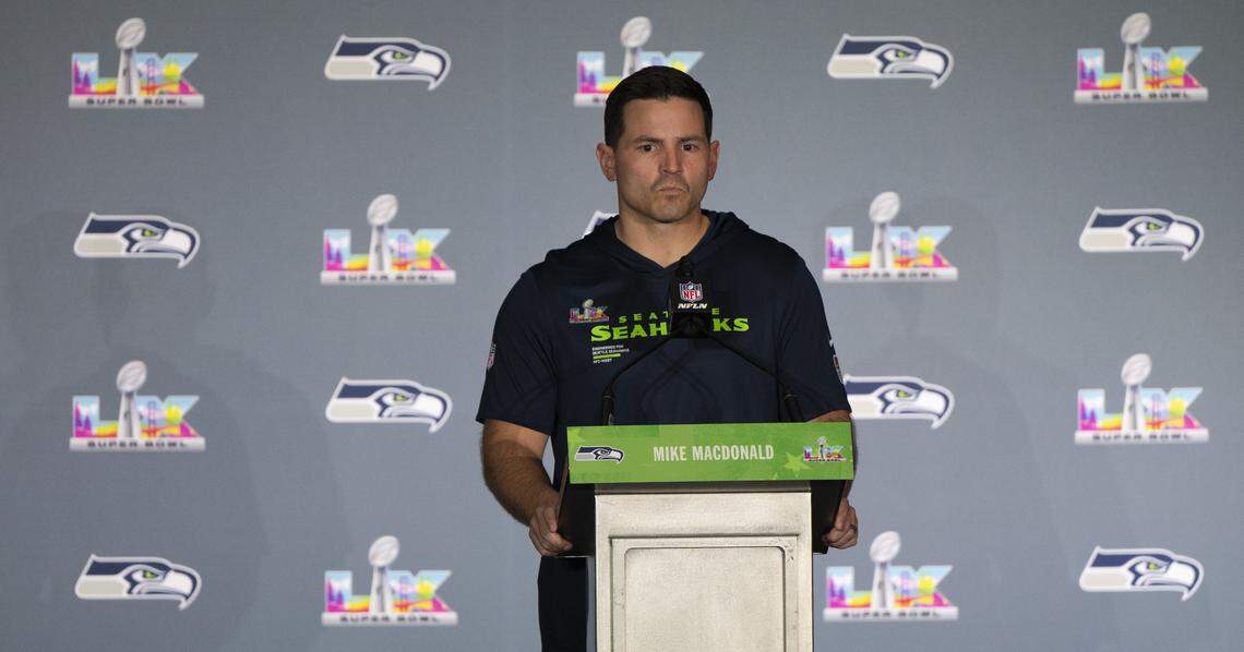 Seattle Seahawks head coach Mike MacDonald speaks to the media during Seahawks team availability , at San Jose Convention Center on Tuesday, Feb. 3, 2026, in  San Jose, Calif.