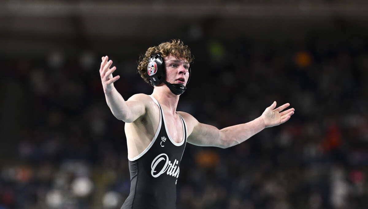 Orting’s Trevor Anderson reacts to beating Toppenish’s Steve Romero in the Boys 2A 126-pound Championship match during the Mat Classic XXXVII at the Tacoma Dome, on Saturday, Feb. 21, 2026, in Tacoma, Wash.