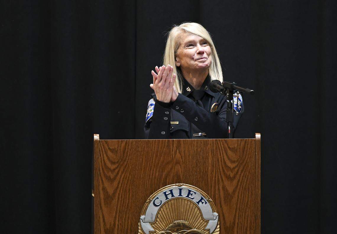 Police Chief Patti Jackson speaks after being sworn in as chief of the Tacoma Police Department, on Thursday, Feb. 26, 2026, in Tacoma.