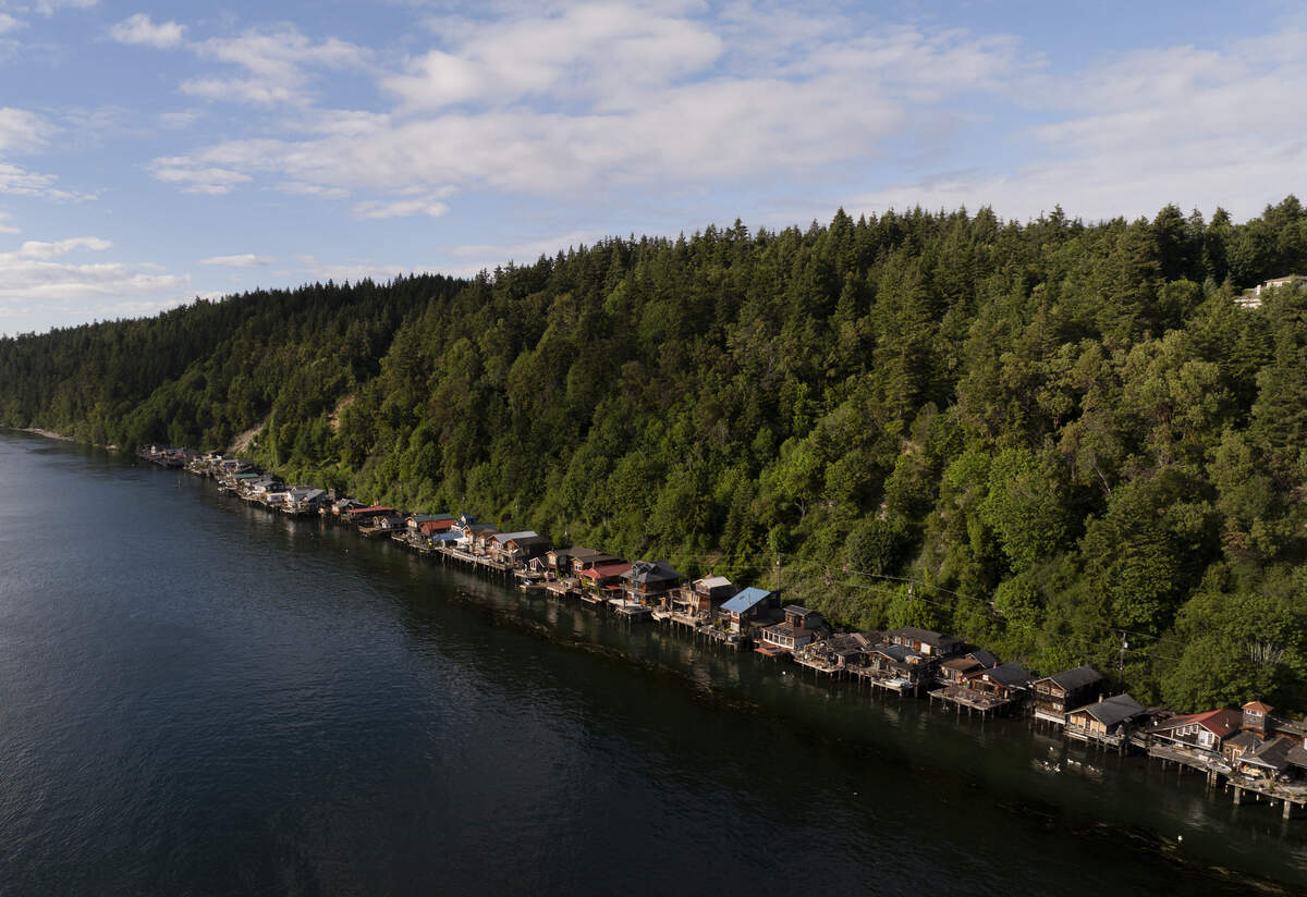 Salmon Beach, seen from the air on Wednesday, June 3, 2026. Accessible only by descending a steep flight of stairs down a coastal bluff, the historic, secluded waterfront community originally began as a series of fishing shacks at the turn of the 20th century.