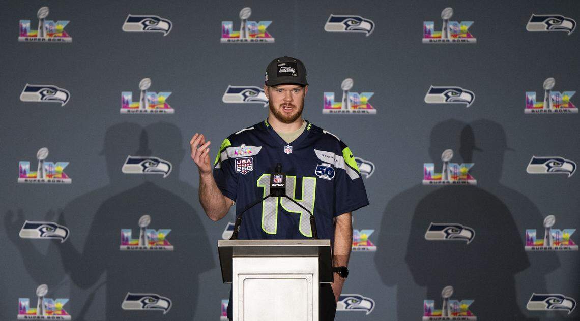 Seattle Seahawks quarterback Sam Darnold (14) speaks to the media during Seahawks team availability , at San Jose Convention Center on Wednesday, Feb. 4, 2026, in San Jose, Calif.