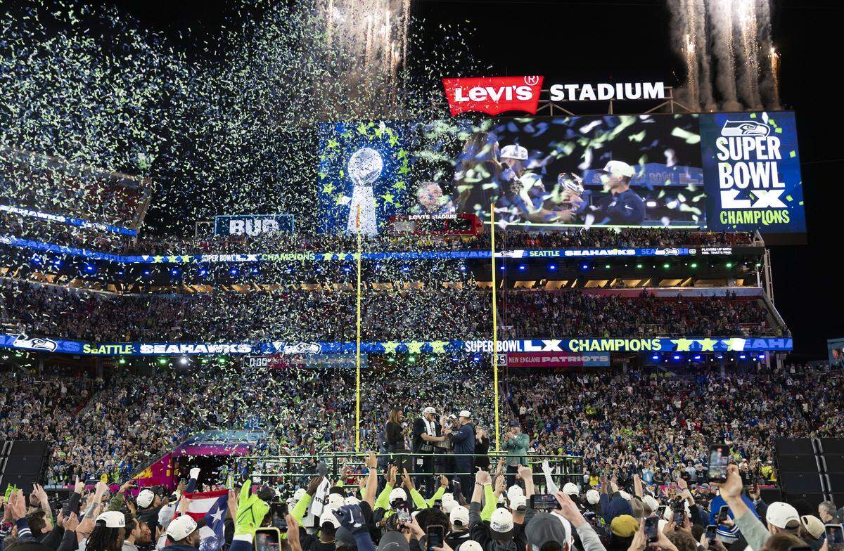 Seattle Seahawks celebrate after beating the New England Patriots 29-13 in Super Bowl LX at Levi's Stadium on Sunday, Feb. 8, 2026, in Santa Clara, Calif.