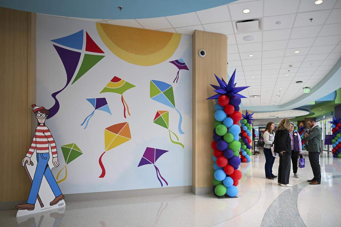 The main lobby is bright, welcoming and has a familiar face at Mary Bridge Children's Hospital, on Monday, April 27, 2026, in Tacoma. 