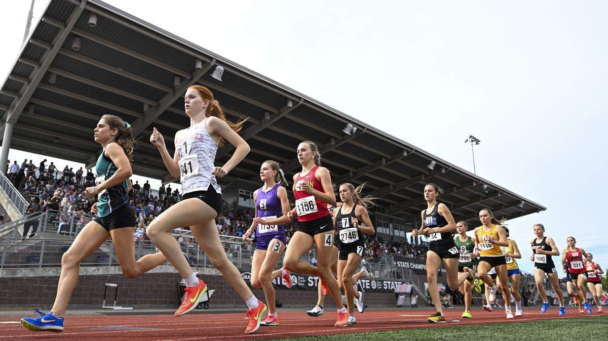 Bonney Lake’s Latham West leads the pack in the girls 4A 1600m run during day one of the Track and Field Championship at Mount Tahoma High School, on Thursday, May 28, 2026, in Tacoma, Wash.