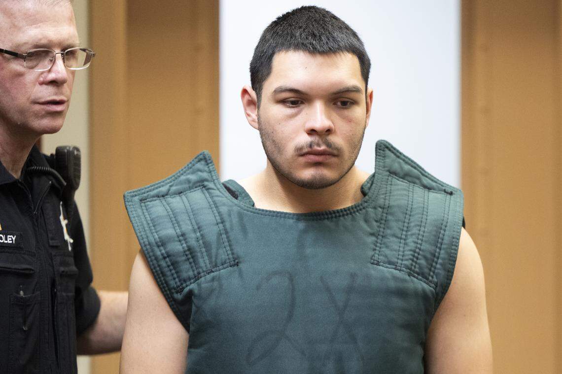 Sebastian Aguilar, 21, appears for his arraignment on a charge of vehicular homicide at Pierce County Superior Court, on Tuesday, Feb. 17, 2026, in Tacoma. Aguilar, an active-duty Navy member from Georgia, is accused of driving while intoxicated on State Route 16 on Feb. 15 when his vehicle, carrying three passengers, struck a freeway barrier. A 20-year-old man from Ohio died in the crash.