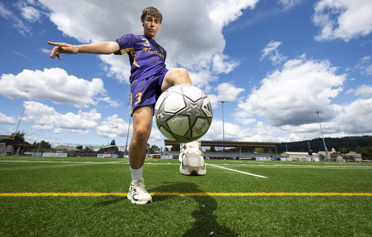 The News Tribune’s 2026 All-Area Soccer Player of the Year Sumner senior Lucas Morgan poses for a portrait at Sumner High School, on Wednesday, June 10, 2026, in Puyallup, Wash.