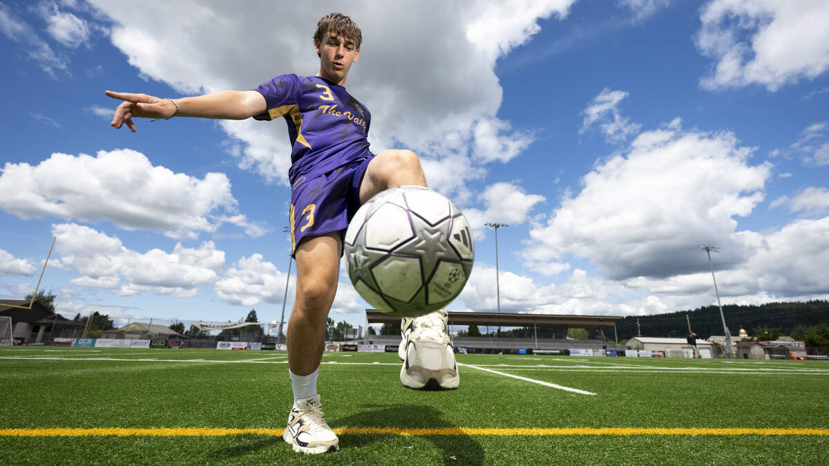 The News Tribune’s 2026 All-Area Soccer Player of the Year Sumner senior Lucas Martin poses for a portrait at Sumner High School, on Wednesday, June 10, 2026, in Puyallup, Wash.