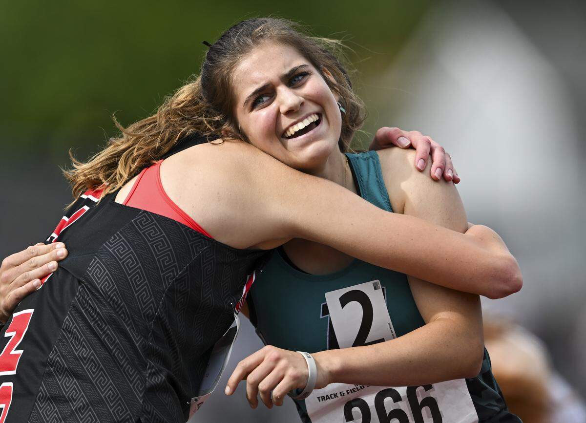 Bonney Lake’s Latham West reacts to taking first place the pack in the girls 4A 1600m run during day one of the Track and Field Championship at Mount Tahoma High School, on Thursday, May 28, 2026, in Tacoma, Wash.