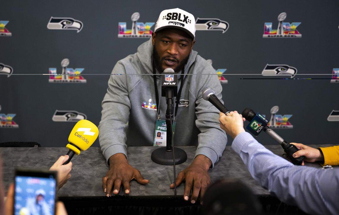 Seattle Seahawks linebacker Ernest Jones IV (13) speaks to the media during Seahawks team availability at Super Bowl 60, inside the San Jose Convention Center on Tuesday, Feb. 3, 2026, in San Jose, Calif.