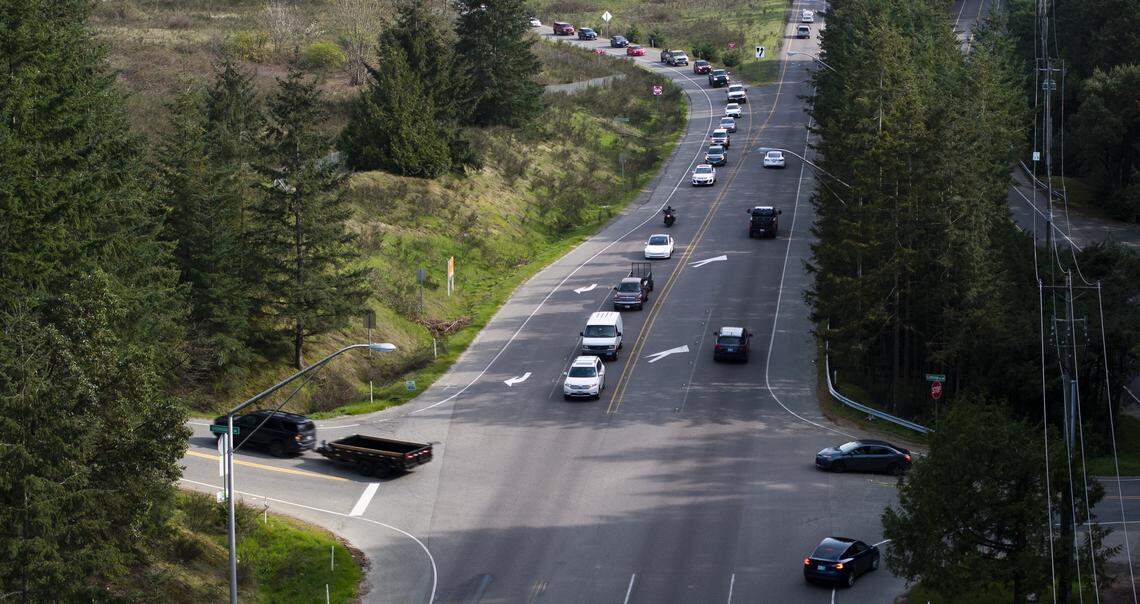 Traffic backs up at Purdy Drive Northwest and Goodnough Drive Northwest, on Monday, April 6, 2026, in Gig Harbor, Wash.