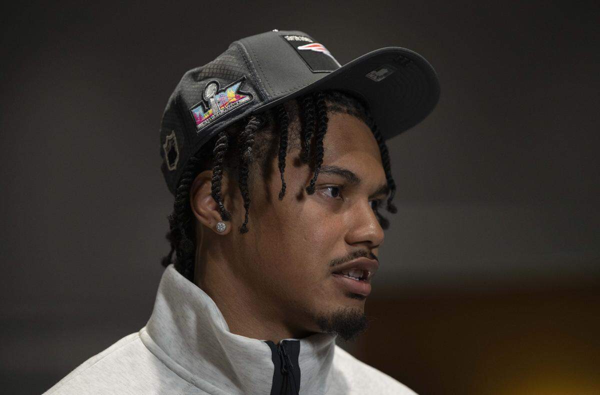 New England Patriots linebacker Marte Mapu (15) speaks to the media during the Super Bowl Opening Night Ceremony, at San Jose Convention Center on Monday in San Jose.