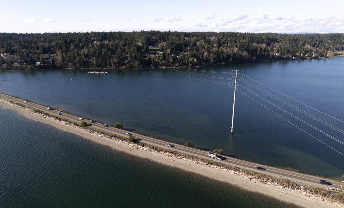 Traffic crosses the Purdy Sand Spit, on Thursday, Feb. 12, 2026, in Purdy, Wash. 