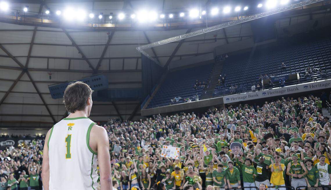 Richland guard Landen Northrop (1) reacts to winning the Boys 4A State Tournament Championship Gonzaga Prep at the Tacoma Dome, on Saturday, March 7, 2026, in Tacoma, Wash.