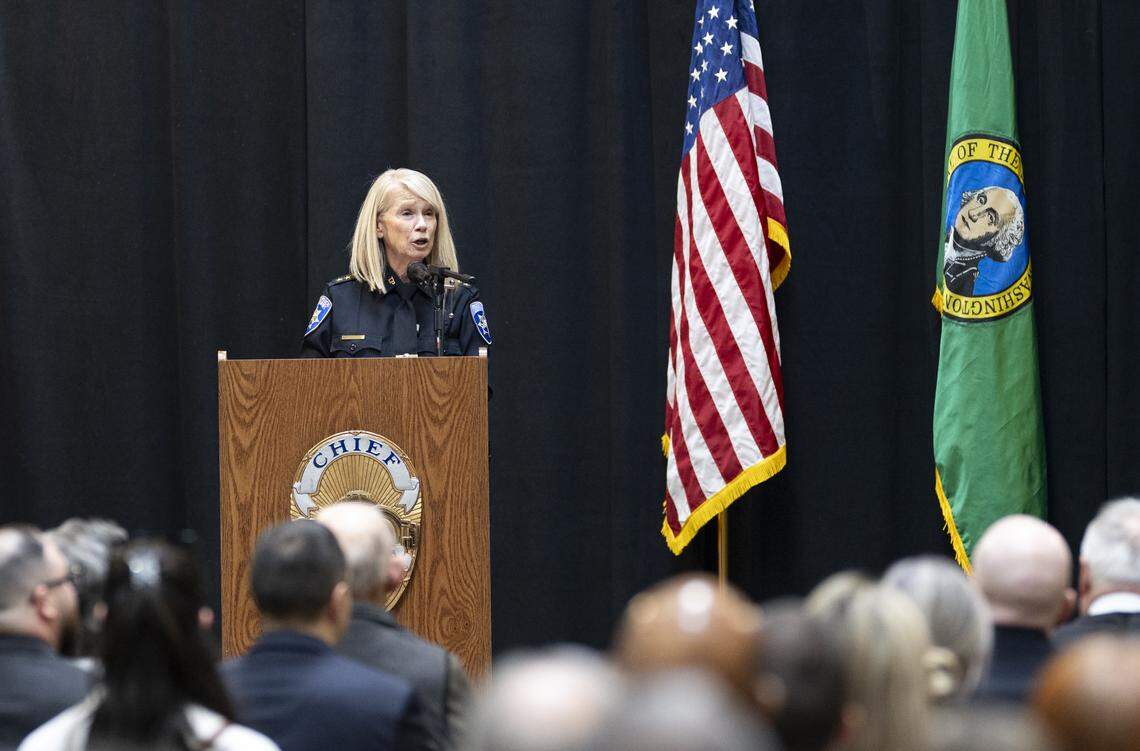 Police Chief Patti Jackson speaks after being sworn in as chief of the Tacoma Police Department, on Thursday, Feb. 26, 2026, in Tacoma.