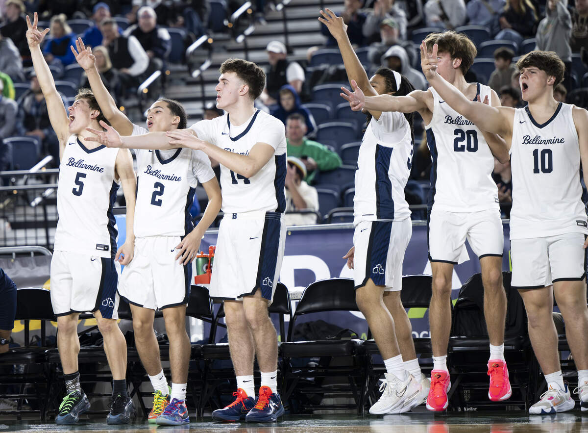 Bellarmine Prep reacts to a three point basket against Edmonds-Woodway during the quarterfinal round of the 3A State Tournament at the Tacoma Dome, on Thursday, March 5, 2026, in Tacoma, Wash.