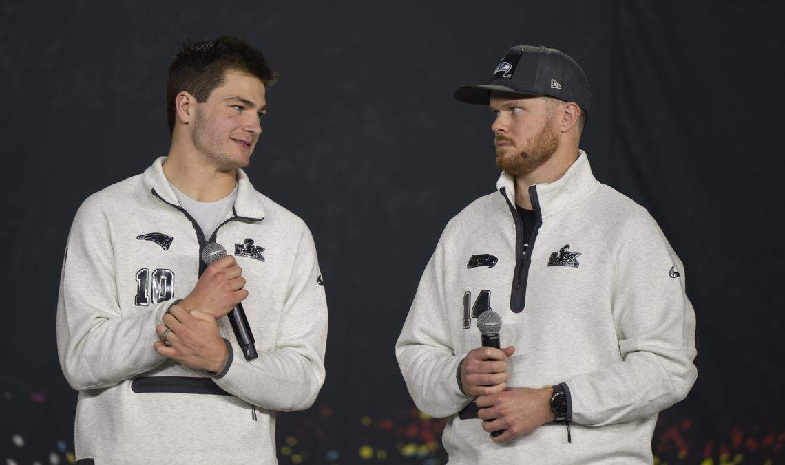 New England Patriots quarterback Drake Maye and Seattle Seahawks quarterback Sam Darnold talk during the Super Bowl Opening Night Ceremony, at San Jose Convention Center on Monday, Feb. 2, 2026, in San Jose, Calif.