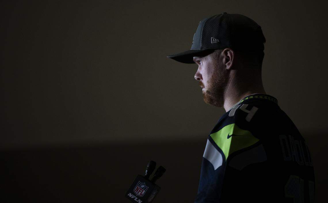 Seattle Seahawks quarterback Sam Darnold (14) speaks to the media during Super Bowl 60 interviews at the San Jose Convention Center on Wednesday, Feb. 4, 2026, in San Jose, Calif.