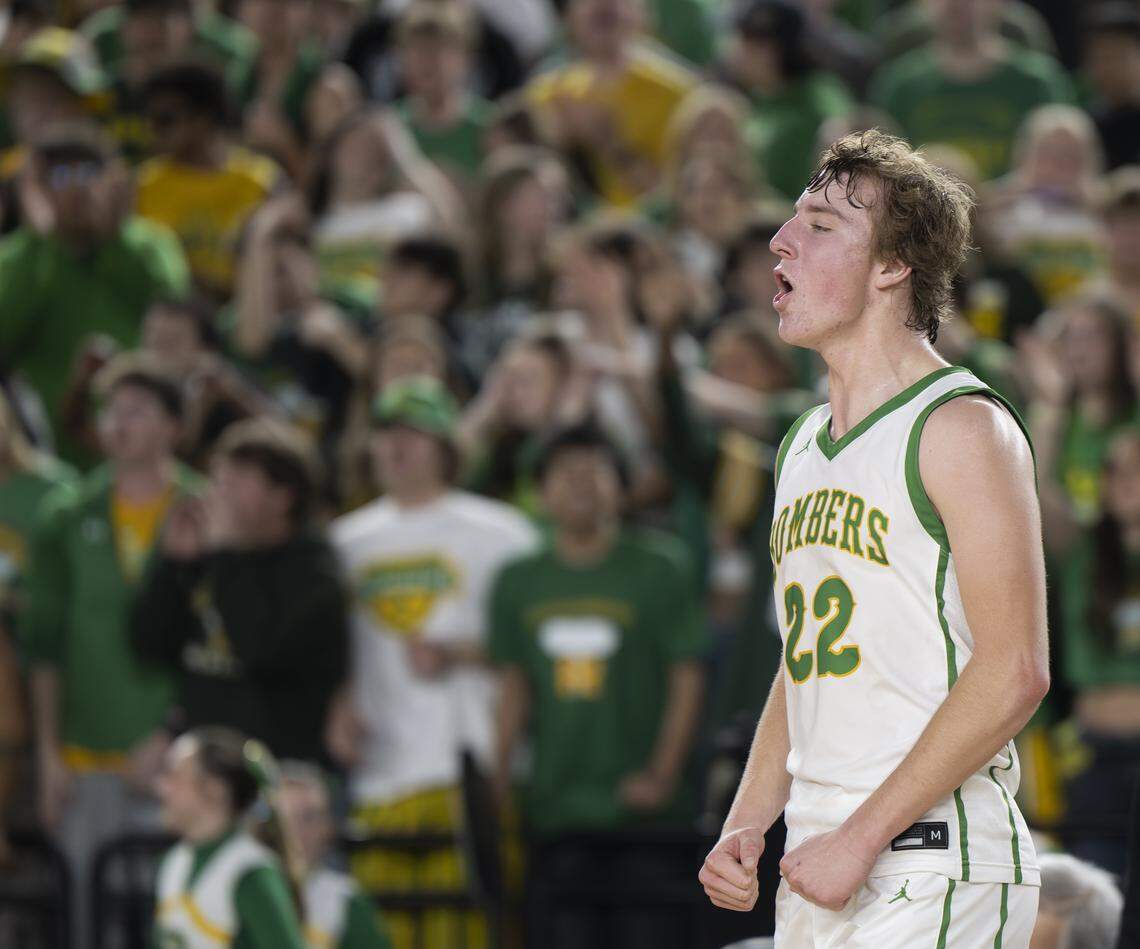 Richland guard Jackson Woodard (22) reacts to being Lake Washington in the semifinal round of the 4A State Tournament at the Tacoma Dome, on Friday, March 6, 2026, in Tacoma, Wash.