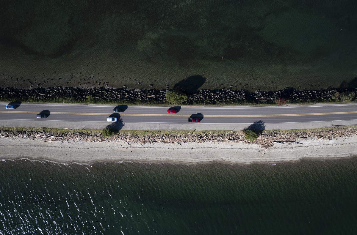 Traffic crosses the Purdy Sand Spit, on Thursday, Feb. 12, 2026, in Purdy, Wash. 