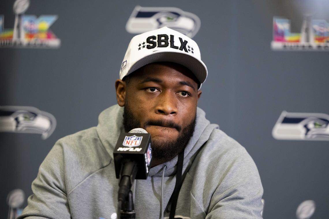 Seattle Seahawks linebacker Ernest Jones IV (13) speaks to the media during Seahawks team availability at Super Bowl 60, inside the San Jose Convention Center on Tuesday, Feb. 3, 2026, in San Jose, Calif.