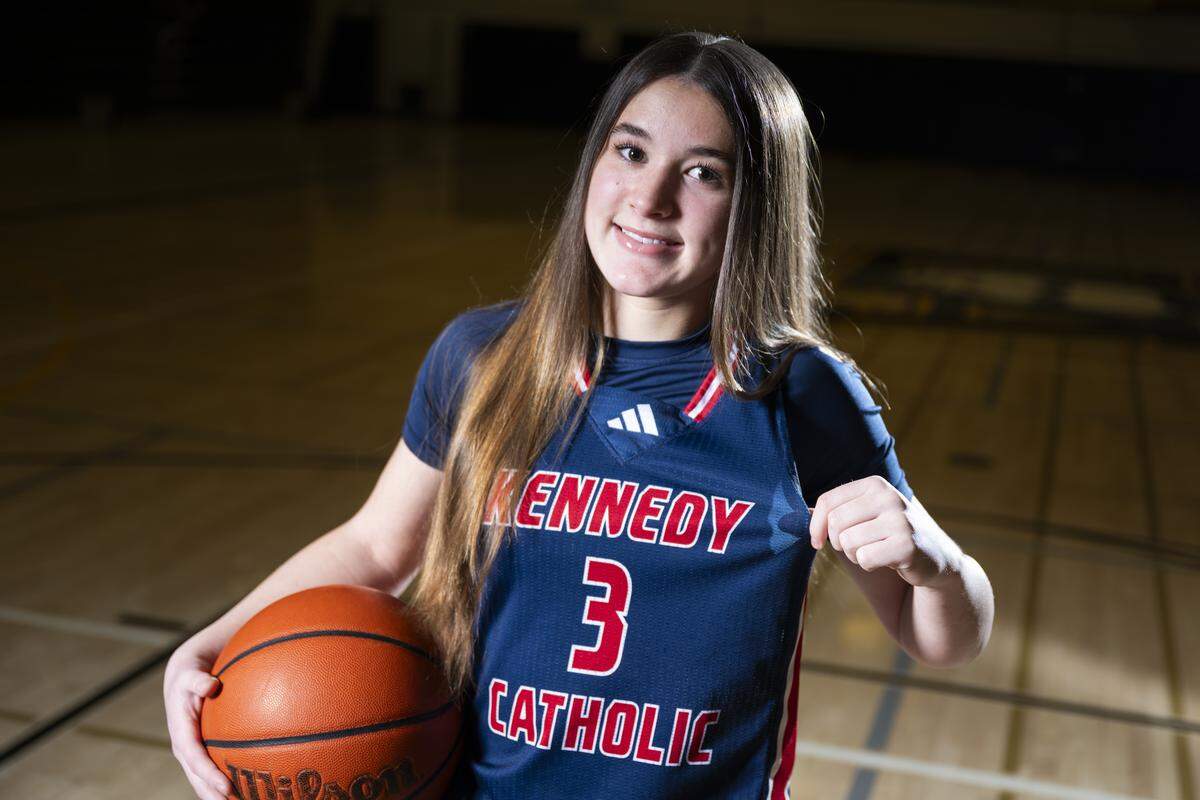 The News Tribune’s 2026 All-Area girls basketball first team athlete Kennedy Catholic sophomore Jayden Fitzgerald poses for a portrait at Lincoln High School on Saturday, March 14, 2026, in Tacoma.