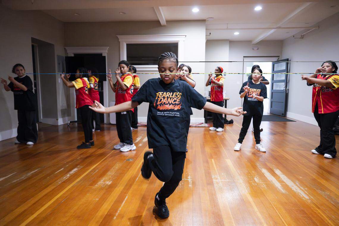 DJ Johnson freestyles in a routine during Fearless Dance practice at The Tacoma Armory, on Tuesday, April 7, 2026, in Tacoma, Wash.