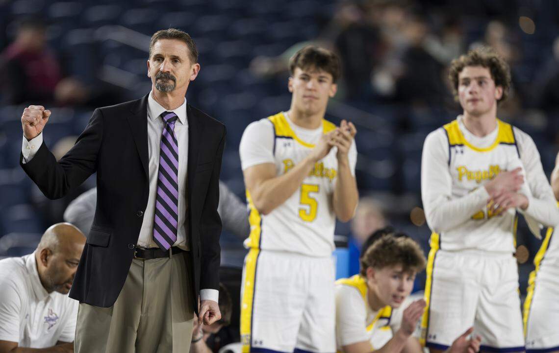 Puyallup head coach Kevin Olson reacts during the first round of the 4A State Tournament game against Chiawana at the Tacoma Dome, on Wednesday, March 4, 2026, in Tacoma, Wash.