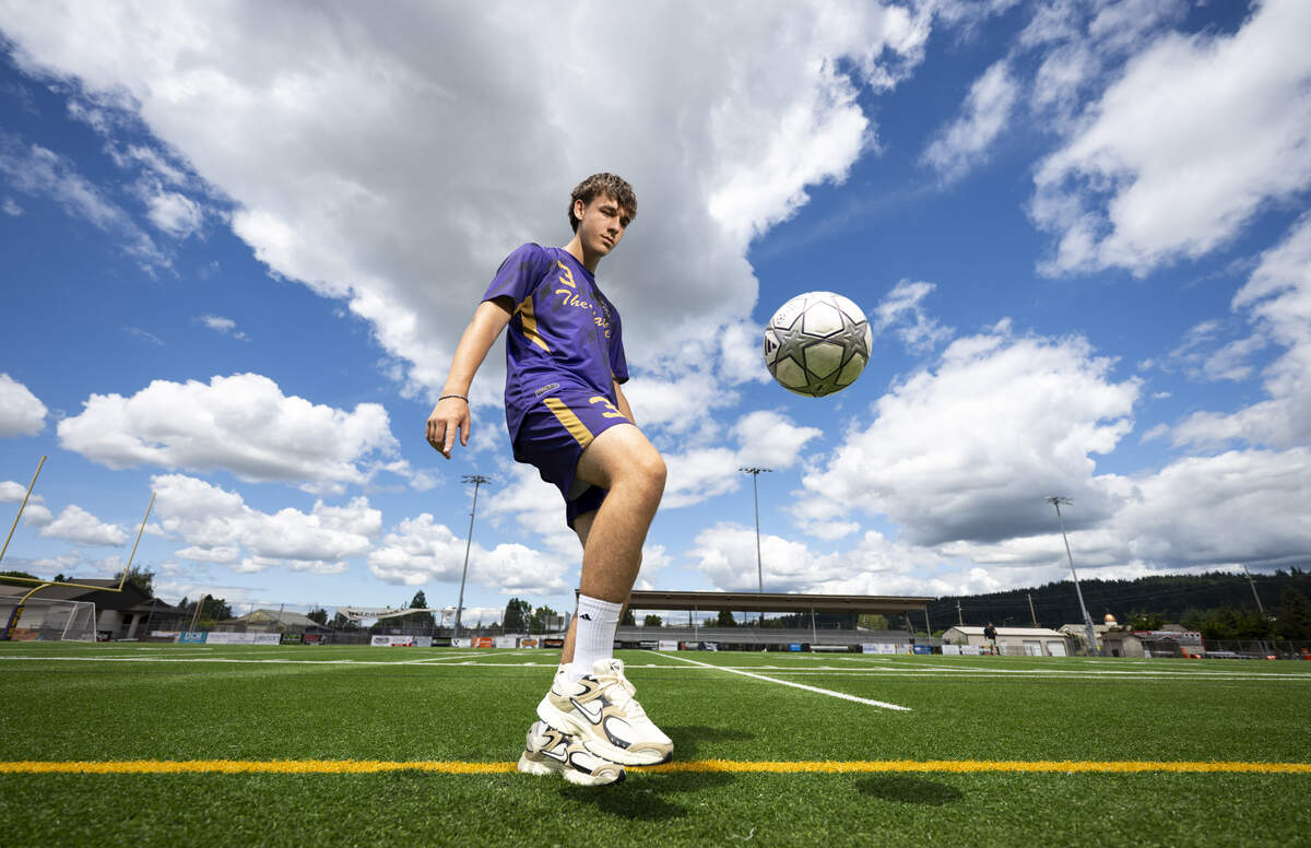 The News Tribune’s 2026 All-Area Soccer Player of the Year, Sumner senior Lucas Morgan poses for a portrait at Sumner High School, on Wednesday, June 10, 2026, in Puyallup, Wash.