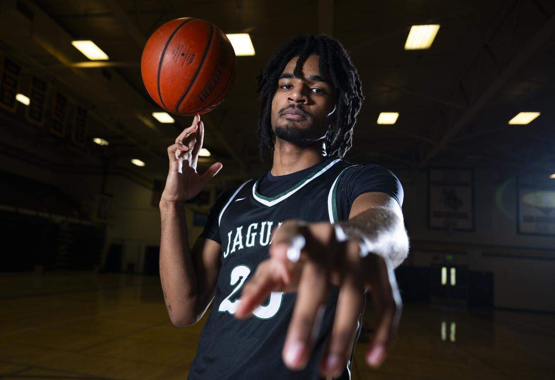 The News Tribune’s 2026 All-Area boys basketball first team athlete Emerald Ridge senior Jamaize McGriff poses for a portrait at Lincoln High School on Saturday, March 14, 2026, in Tacoma.