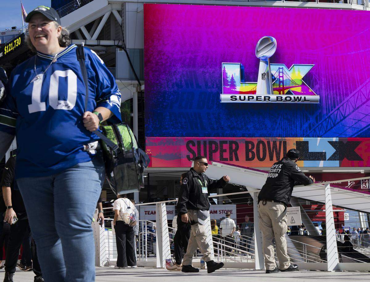 Fans file in before Super Bowl LX between the New England Patriots and the Seattle Seahawks at Levi's Stadium on Sunday, Feb. 8, 2026, in Santa Clara, Calif.