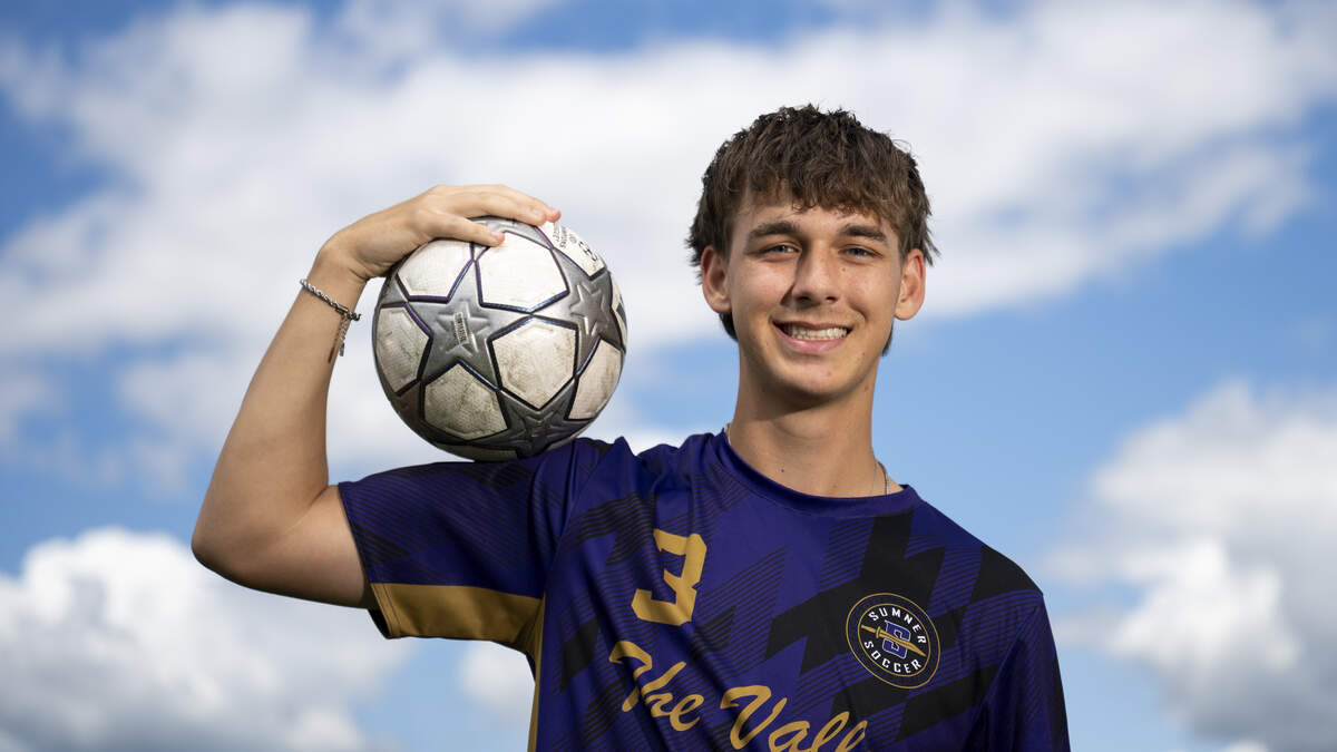 The News Tribune’s 2026 All-Area Soccer Player of the Year Sumner senior Lucas Morgan poses for a portrait at Sumner High School, on Wednesday, June 10, 2026, in Puyallup, Wash.