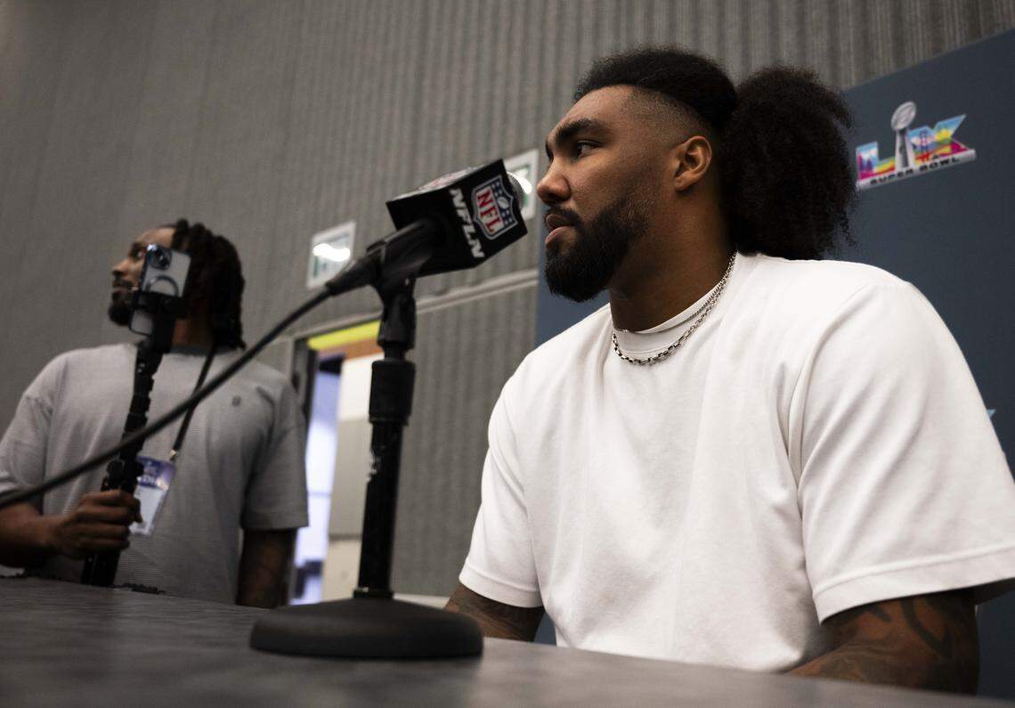 Seattle Seahawks defensive end Leonard Williams (99) speaks to the media during Seahawks team availability , at San Jose Convention Center on Tuesday, Feb. 3, 2026, in  San Jose, Calif.