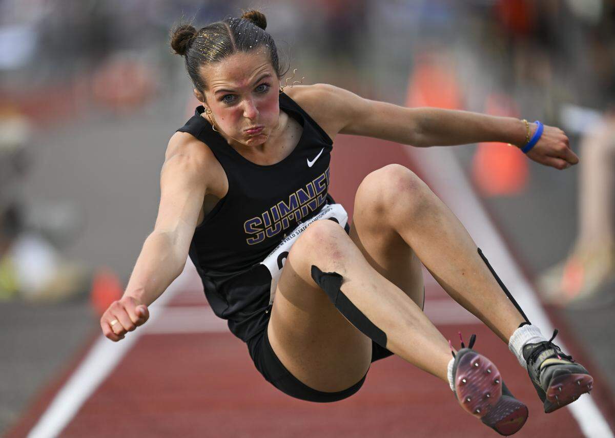 Sumner’s Savannah Ferencz competes in the girls 4A triple jump during day one of the Track and Field Championship at Mount Tahoma High School, on Thursday, May 28, 2026, in Tacoma, Wash.