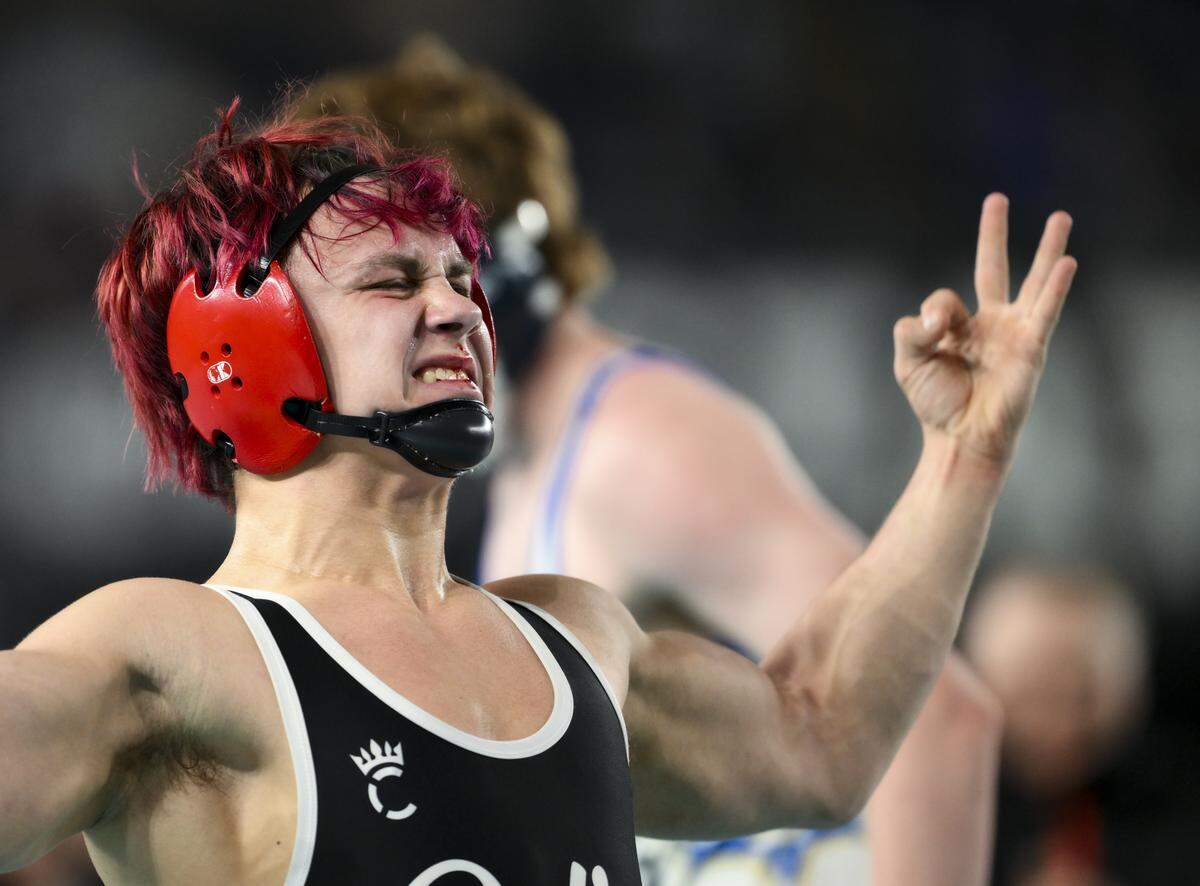 Orting’s Michael Fritz reacts to beating Deer Park’s Emmitt Priddy in the Boys 2A 165-pound Championship match during the Mat Classic XXXVII at the Tacoma Dome, on Saturday, Feb. 21, 2026, in Tacoma, Wash.